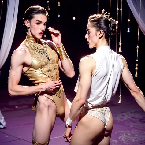 (2 male ballet dancers, nutcracker ballet, prince castrates rat king, male ballet tights, male crotch bulge, buttocks)