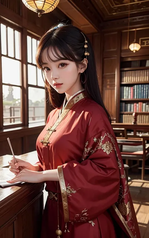 quality，8K，4K，k hd，Details Beautiful girl with round glasselack hair girl，Oriental style everyday clothing，A library with a good atmosphere，upper body in the picture，