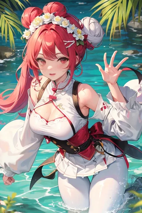 tmasterpiece、Need、1female、Ancient style China、 White cloth bun bun bun、Shoulder leakage、The chest is large、chubbiness、ssmile、White suspender tights、lace leggings、pale pink lip、hot springs，Pose in the water，（drenched all over the body），legs are open， 独奏, Wh...