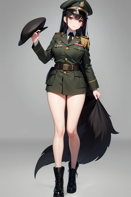 Military Uniform, Black Hair, Breast, Military Cap, Fox Ears, Full body