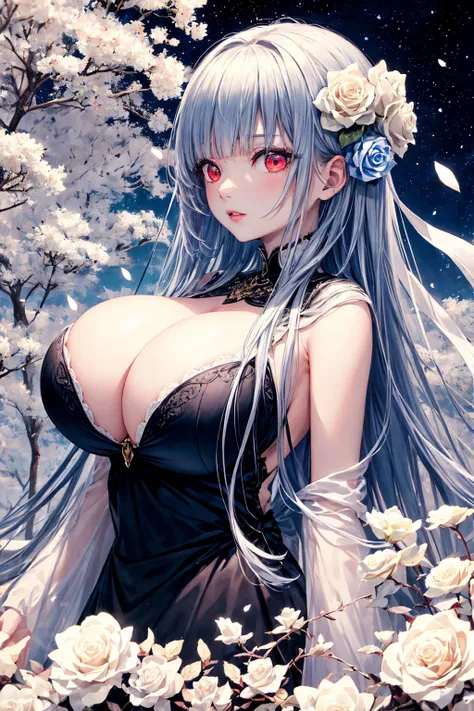 (absurd res, A high resolution, ultra - detailed, hyper HD, Cinematic), Alone, 1个Giant Breast Girl, mature, Happy,hime cut,black long hair,red eyes, (huge breasts:1.5),girl standing in light blues flower field, light blues flower petal surrounding girl, fu...