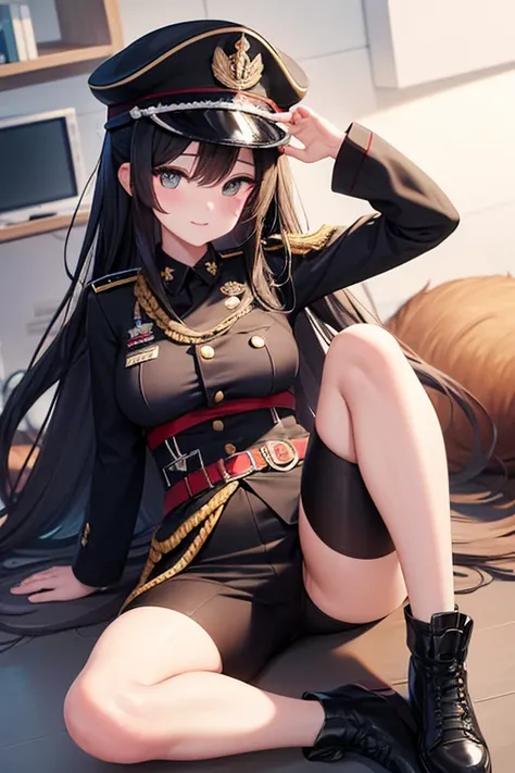 Military Uniform, Black Hair, Breast, Military Cap, Fox Ears, Full body