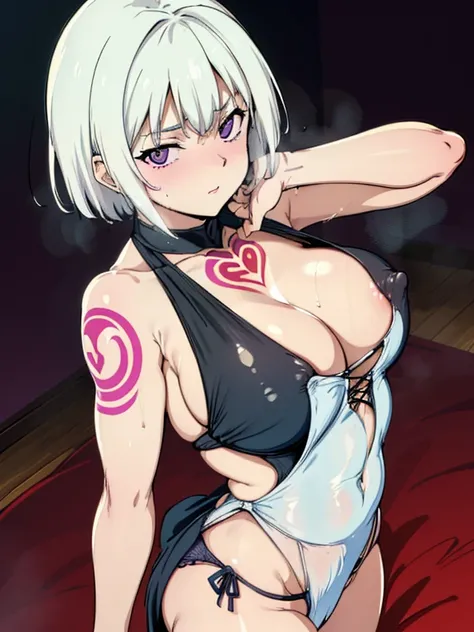 big breast (tanned, tattoos) girl /black lineart, Ultra-HD, Super-Resolution, erotic poses, 1girl, (bashful), sweaty, steamy, skimpy maid outfit, uwu, (purple eyes), ((short fluffy white hair)), (seductively looking at viewer in a tempting and attractive m...