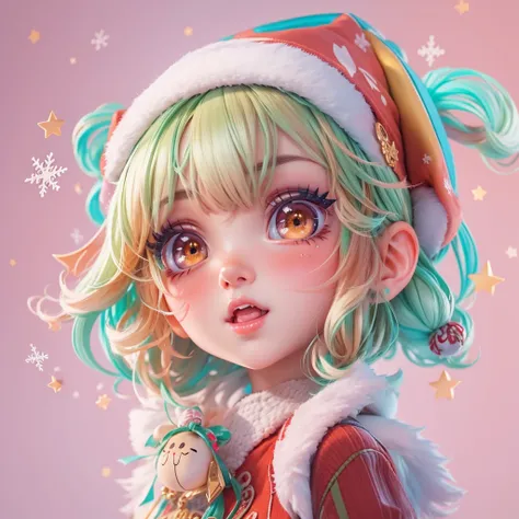 Sticker,3D,anime,girl,Christmas hat,(detailed eyes, detailed lips, detailed face),(long eyelashes),playful expression,fun pose,colorful background,high quality,masterpiece:1.2,vibrant colors,soft lighting