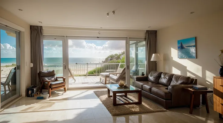 living room with natural sunlight through windows and a beach view outside, modern, Futurism, Realism, Hyperrealism, cinematic lighting, wide shot, Ultra-Wide Angle, lens flare, UHD, masterpiece