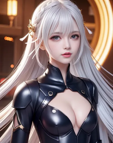 white  hair、long fluttering hair、strong breeze、Orange Eyes、radiant eyes、Evangelion Girl、small tit、Breasts are small and B size、The face and chest are alive、Cleavage is visible。photoRealstic、portfolio、Evangelion-style metal mecha suit、an oppai cyberpunk、Got...