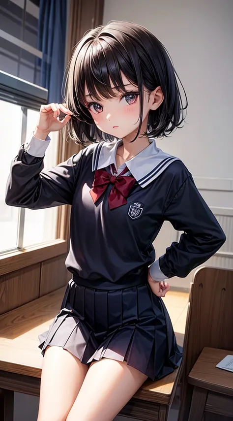 10years old girl,reallistic,A dark-haired,Shorthair,cute little,A slender,School Uniform