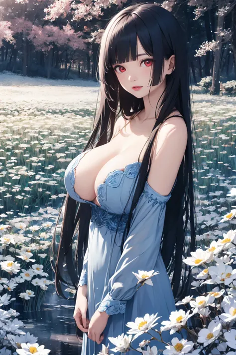 (absurd res, A high resolution, ultra - detailed, hyper HD, Cinematic), Alone, 1个Giant Breast Girl, mature, Happy,hime cut,black long hair,red eyes, (huge breasts:1.5),cleavage, collarbone, bare shoulders,armbands,girl standing in light blues flower field,...