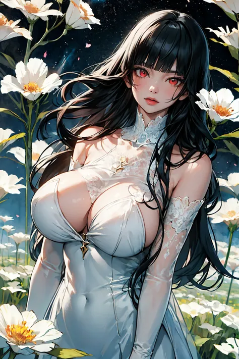 (absurd res, A high resolution, ultra - detailed, hyper HD, Cinematic), Alone, 1个Giant Breast Girl, mature, Happy,hime cut,black long hair,red eyes, (huge breasts:1.5),cleavage, collarbone, bare shoulders,armbands,girl standing in light blues flower field,...