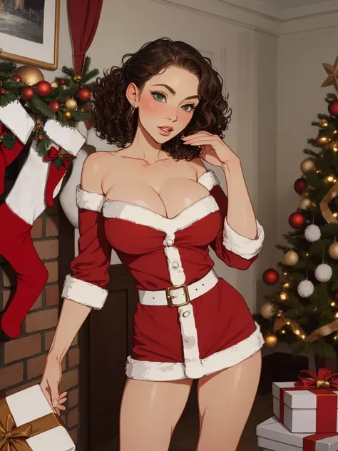 Christmas milf, brunette, santa outfit, standing, sexy, seductive, curly hair, nerdy, detailed, masterpiece, milf, christmas tree