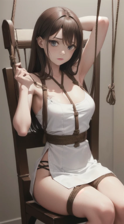 ((masterpiece)), ((best quality)), (ultra-detailed), NSFW, ,((torture chamber)),a cute girl, 1girl, solo, (white tanktop dress),(rope bound arms), ((tied to an torture chair)), BDSM,shibari,restrained,((thin waist)),(((Torture that tightens the waist with ...