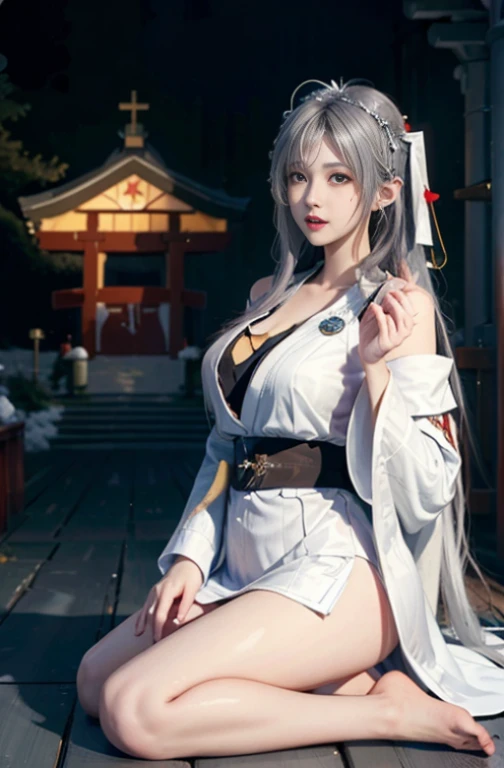 (best qualtiy，tmasterpiece), (White body),Beautiful teenage girl, Beautiful Priestess Woman, (((Sexy Priestess))), spade, White Crane,(((shrine maiden clothe))),Slender Leg,(silber hair), Press the bar,Braided headband,  Beautiful Hair Accessories, Detaile...