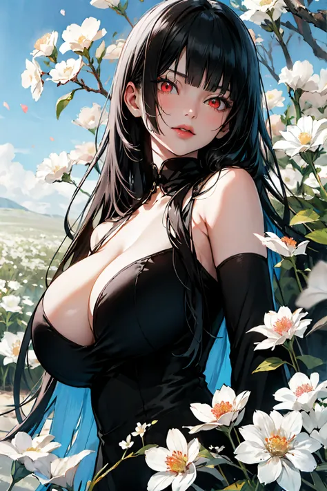 (absurd res, A high resolution, ultra - detailed, hyper HD, Cinematic), Alone, 1个Giant Breast Girl, mature, Happy,hime cut,black long hair,red eyes, (huge breasts:1.5),cleavage, collarbone, bare shoulders,armbands,girl standing in light blues flower field,...