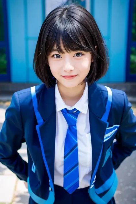 top-quality、​masterpiece、real 18 year old woman、(a smile)、The background is the classroom、The scenery is a classroom、Light blue blazer、Semi-long with black hair、hight resolution、