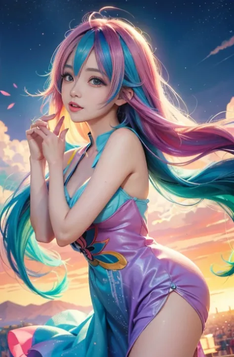 anime girl with colorful hair and a colorful dress, rossdraws pastel vibrant, rossdraws cartoon vibrant, anime style 4 k, beautiful anime portrait, artgerm colorful!!!, ! dream artgerm, beautiful anime girl, anime styled digital art, anime art wallpaper 4k...