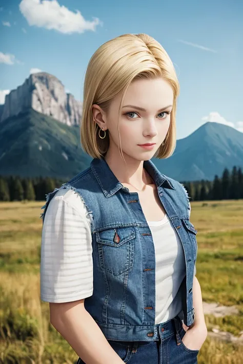 masterpiece, (photorealistic:1.4), best quality, beautiful lighting, Android18DB, solo, earrings, jewelry, looking_at_viewer, jacket, denim, shirt, upper_body, vest, denim_jacket, cloud, sky, black_shirt, closed_mouth, day, blue_sky, outdoors, torn_clothes...