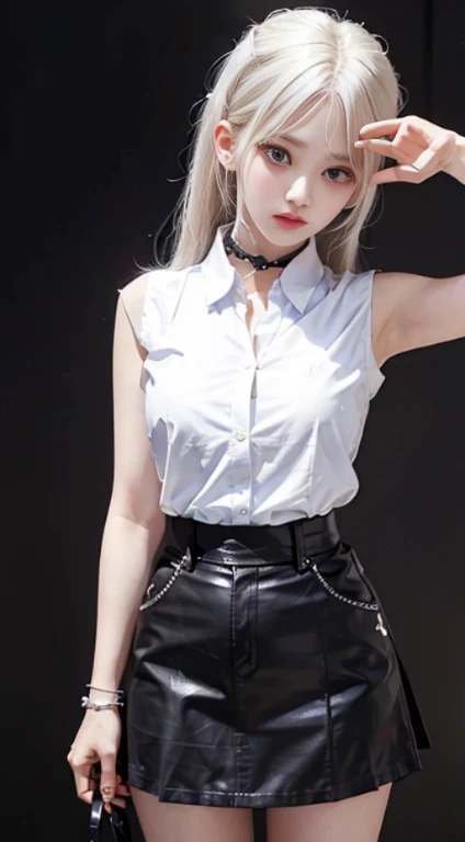 best qualtiy，超A high resolution，1 teengirl，sleeveless white button shirt，a black skirt，Black collar，adolable，Kpop Idol，aegyo sal，Platinum Blonde Hair，Puffy eyes，Bodivian&#39;s wide-eyed look，facing the front there。