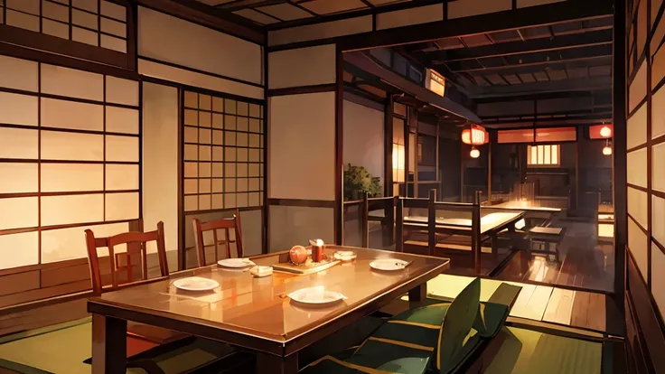 animesque、hight resolution、Scenic、Japanese-style family restaurant with a calm atmosphere、Japanese-style izakaya、Brightness and warmth、Japanese table setting