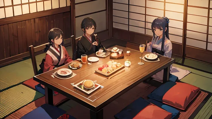 animesque、hight resolution、Scenic、Japanese-style family restaurant with a calm atmosphere、Japanese-style izakaya、Brightness and warmth、Japanese table setting