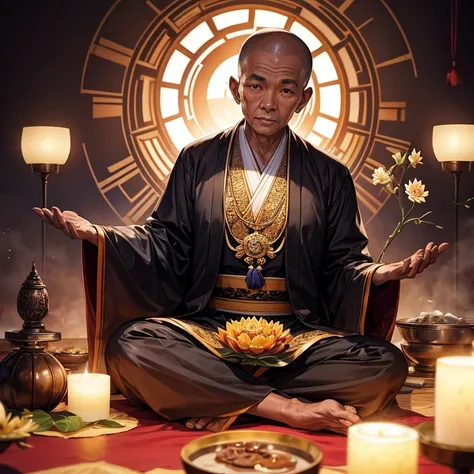 A black-skinned Thai monk, 80 years old, wearing a dark brown robe. Meditate on a large lotus flower The picture in the back is a grand and beautiful Thai temple in the style of Thai art. There are Thai art angels floating all over the sky.