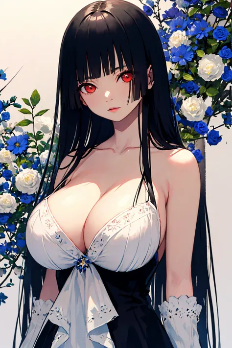 (absurd res, A high resolution, ultra - detailed, hyper HD, Cinematic), Alone, 1个Giant Breast Girl, mature, Happy,hime cut,black long hair,red eyes, (huge breasts:1.6),cleavage, collarbone, bare shoulders,armbands,black dress,girl standing in light blues f...