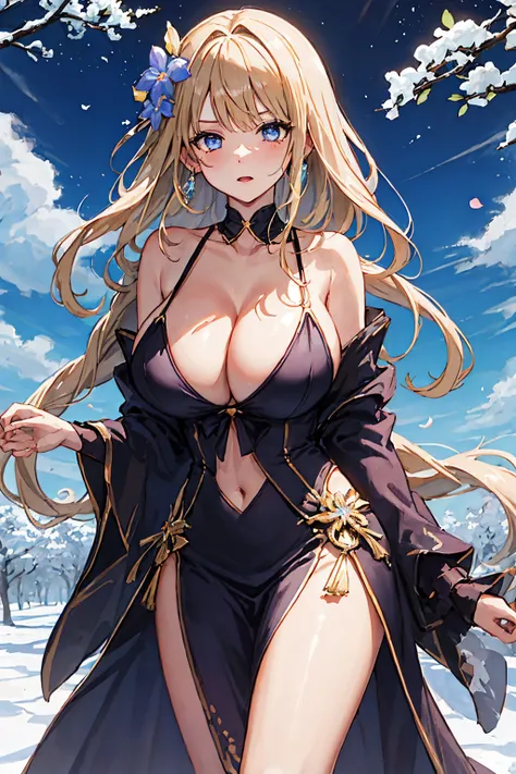 (absurd res, A high resolution, ultra - detailed, hyper HD, Cinematic), Alone, 1个Giant Breast Girl, mature, Happy,单马尾,purple long hair,blue eyes, (huge breasts:1.6),cleavage, collarbone, bare shoulders,armbands,girl standing in light blues flower field, li...