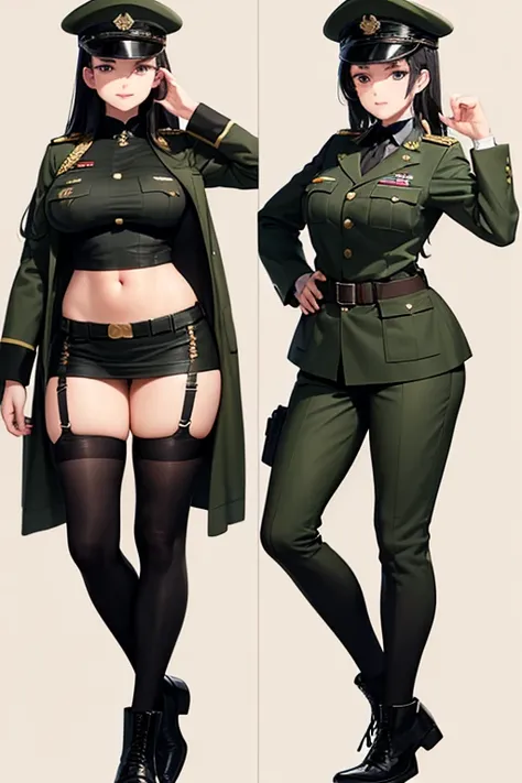 Military Uniform, Black Hair, Breast, Military Cap, Full body, Bikini