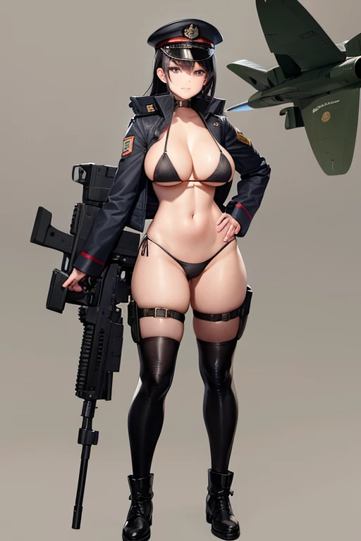 Military Uniform, Black Hair, Breast, Military Cap, Full body, Bikini