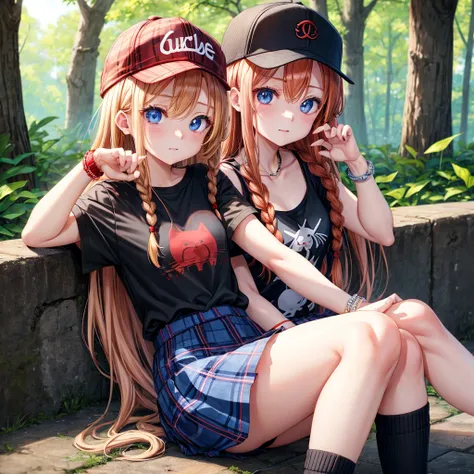 red blonde、blue eyess、Braids、one good looking girl、独奏、animesque、Plaid miniskirt、Black T-shirt、camisole、the woods、Sunlight、sitting on、Wearing a plaid baseball cap、bare-legged、small bracelet、Tilting your face、Hugging a cat