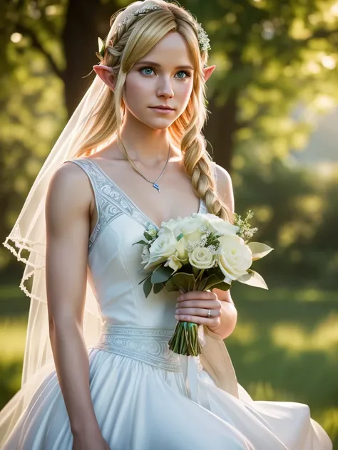 wedding portrait of Link and Zelda from Breath of the Wild. Zelda with blonde hair wearing a white dress. ultra realistic, hdr, high resolution, 85mm, f8, bokeh, vibrant, shiny. Link portrayed by Tom Holland, Zelda portrayed by Kristen Bell.