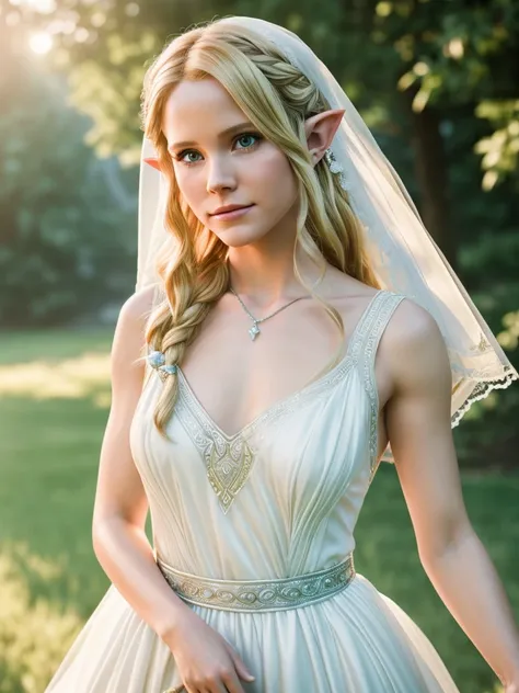 wedding portrait of Link and Zelda from Breath of the Wild. Zelda with blonde hair wearing a white dress. ultra realistic, hdr, high resolution, 85mm, f8, bokeh, vibrant, shiny. Link portrayed by Tom Holland, Zelda portrayed by Kristen Bell.