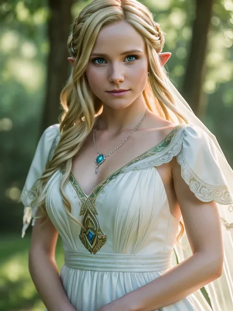 wedding portrait of Link and Zelda from Breath of the Wild. Zelda with blonde hair wearing a white dress. ultra realistic, hdr, high resolution, 85mm, f8, bokeh, vibrant, shiny. Link portrayed by Tom Holland, Zelda portrayed by Kristen Bell.