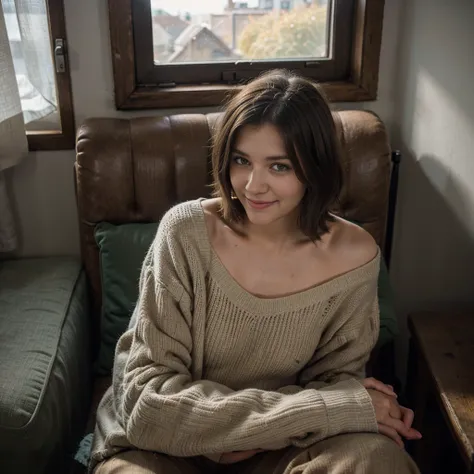 8k, RAW photo, Fujifilm, style photo of a beautiful dark haired young woman as avril smiling and sitting on an armchair by the window in a cottage in the country (highly detailed skin: 1.2) Style-Petal BREAK short hair, black shoulder-length messy hair, sk...