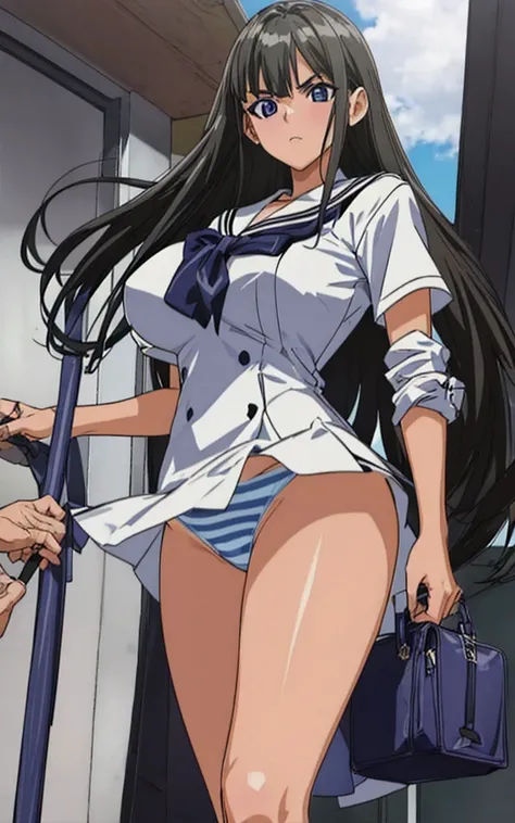 A beautiful woman with long black hair, big breasts, beautiful legs, and a sharp face stands in a sailor suit with a white miniskirt, showing off her light blue and blue striped panties and glaring at a middle-aged man in a suit.。train。