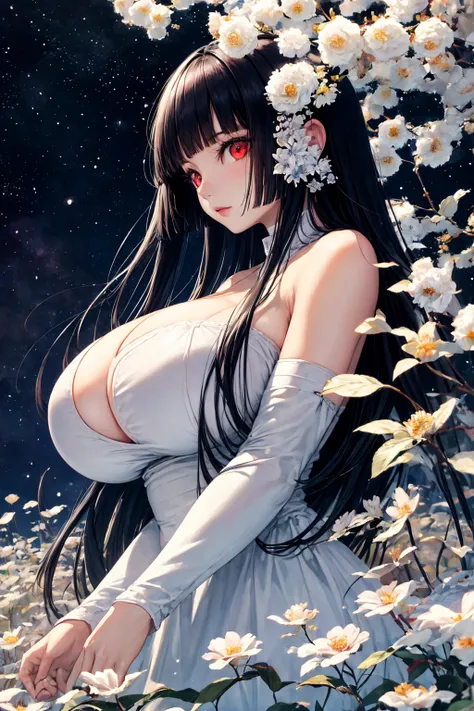 (absurd res, A high resolution, ultra - detailed, hyper HD, Cinematic), Alone, 1个Giant Breast Girl, mature, Happy,hime cut,black long hair,red eyes, (huge breasts:1.6),cleavage, collarbone, bare shoulders,armbands,nun girl standing in light blues flower fi...