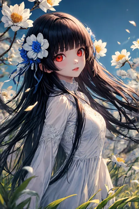 (absurd res, A high resolution, ultra - detailed, hyper HD, Cinematic), Alone, 1个Giant Breast Girl, mature, Happy, (small breasts:1.6m1),bun ny
 girl standing in light blues flower field, light blues flower petal surrounding girl, full bodyesbian, Black lo...