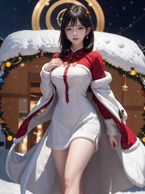 (masterpiece:1.3), live wallpaper, top-quality, Beautifully Aesthetic:1.2, ((1 girl)), solo, (red and white colors christmas uniform, shirt, long skirt), (black brown Hair, Straight hair, short hair), detailed face, detailed eyes, detailed ears, detailed l...