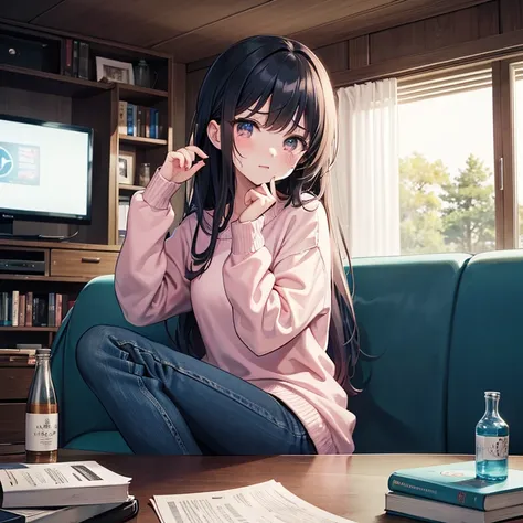 color anime illustration, masterpiece, best quality, highres, ultra detailed, ultra detailed background, high contrast, young woman, semi-long hair, couch, living room, crying, drinking, alcohol, bottle, pink sweater, blue jeans, TV, news, company, bankrup...