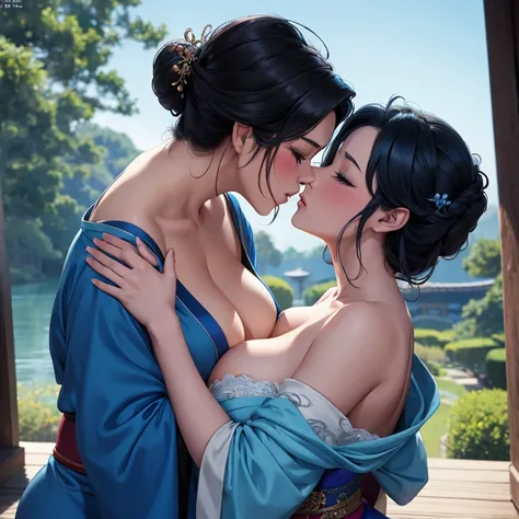 Cinderella in a blue dress passionately kisses Mulan, Mulan in a kimono passionately kisses and squeezes Cinderella&#39;s tits