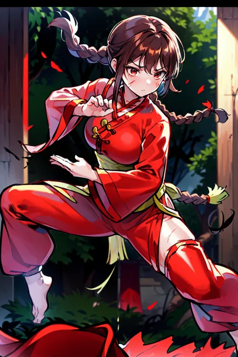 lei kugo live a live, qipao, chinese clothes, traditional clothes, action pose, full body, brown hair, braided hair, scars on fa...