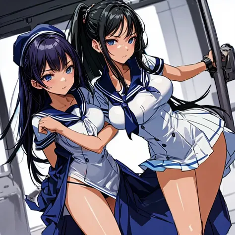 A beautiful woman with long black hair, big breasts, beautiful legs, and a sharp face is standing in a sailor suit with a white miniskirt, showing off her light blue and blue panties, and glaring at a middle-aged man in a suit on the train.。