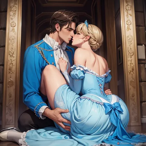 Sweet sexy Cinderella in a dress sits on a man, Cinderella kisses a man erotically, handsome man sitting in front of Cinderella, man kisses Cinderella, a man touches Cinderella&#39;s ass