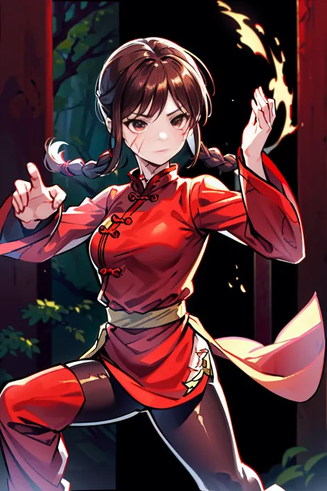 lei kugo live a live, qipao, chinese clothes, traditional clothes, action pose, full body, brown hair, braided hair, scars on fa...