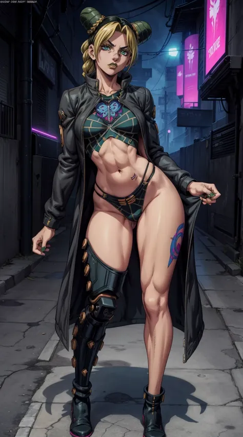 jolyne anime, standing, on a magazine cover, matrix black coat, thick body, lush body, standing, full body shot, legs, punk hair...