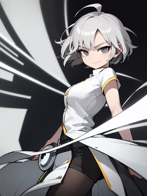 ((Masterpiece, Best Quality)), (Solo), (Female Focus), (Ahoge, Gray Hair, Short Hair), Black Eyes, Light Smile, Aperture, (White Shirt), (Button Gap), (Black Skirt), Standing, White Background, Back Arms, Dynamic Angle