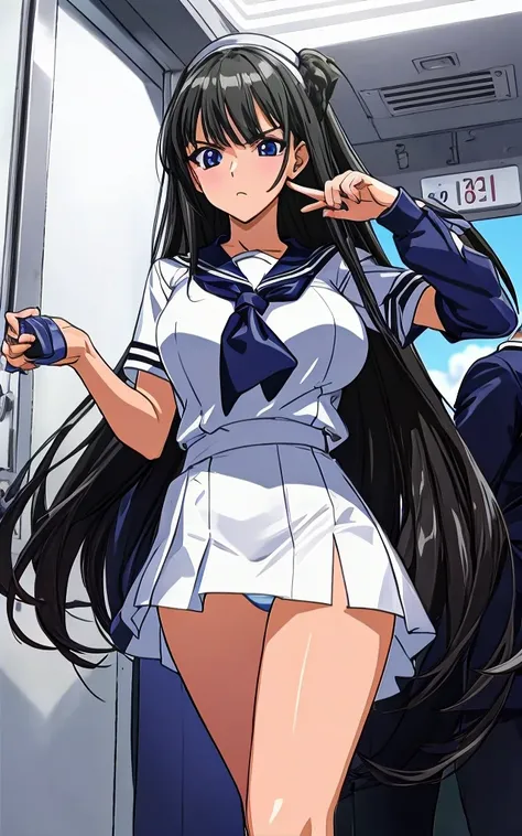 A beautiful woman with long black hair, big breasts, beautiful legs, and a sharp face is standing in a sailor suit with a white miniskirt, showing off her light blue and blue panties, and glaring at a middle-aged man in a suit on the train.。