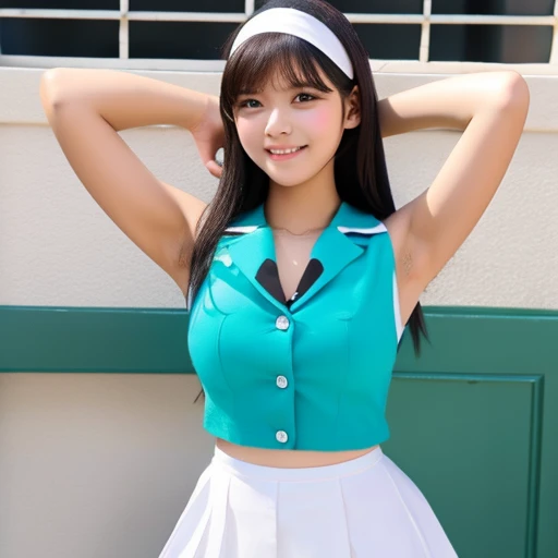 oppai, female high-school student，sodden，Clothes are tight，Navel out，exposed armpit，Sleeveless shirt，a miniskirt，Long black hair