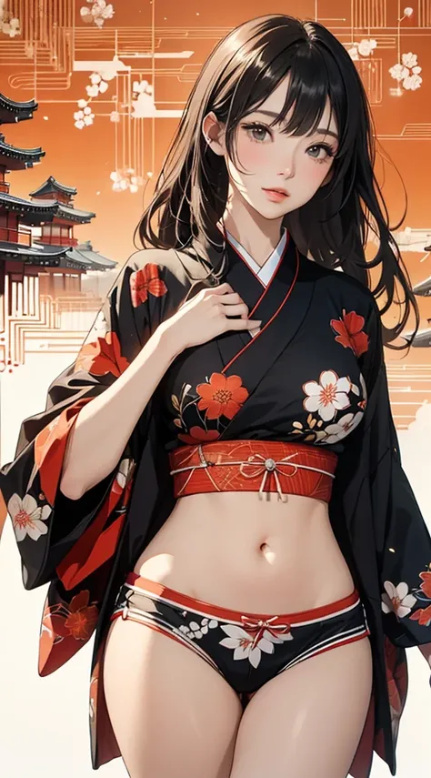 ((8k wallpaper of extremely detailed CG unit, ​masterpiece, hight resolution, top-quality, top-qualityのリアルテクスチャスキン)), (a very beautiful woman, Plump lips, The upper part of the body, Posing like a model:1.5, Japanese pattern blouson:1.2, Japanese pattern m...