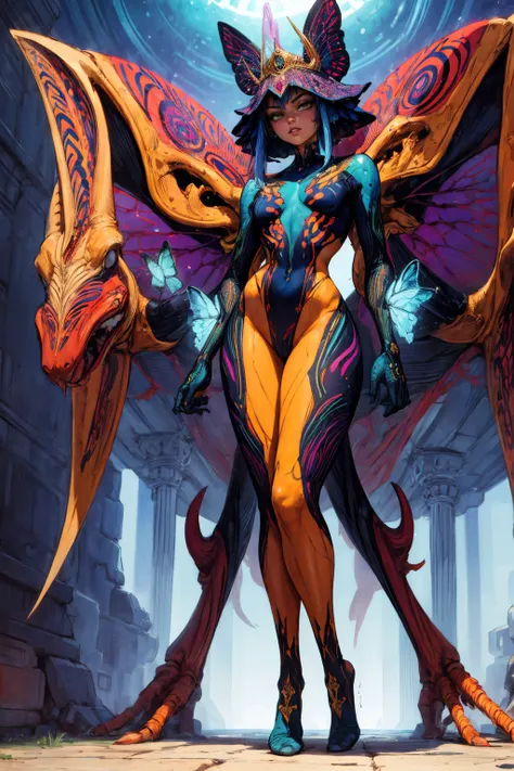 best quality, masterpiece, ultra high res, (photo realistic:1.4), arafed woman, standing, a blue butterfly with a yellow crown on its head, wayne barlowe concept art, insectoid, by Dugald Sutherland MacColl, inspired by Philippe Druillet, by Philippe Druil...