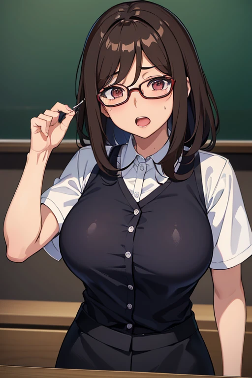 {((tmasterpiece), 摩洛解放阵线, Women around 45 years old, Dark skin, Brown hair, Chopping, Math teacher, *Reglaado*, eye glass, Transparent clothes, underdressing, Ahegao.)}